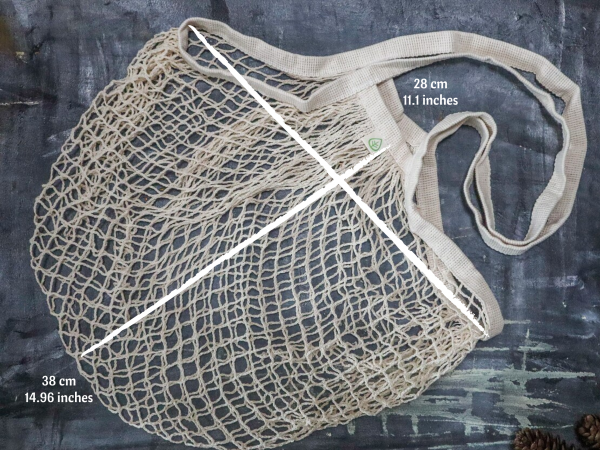 Plantish Future Home & Kitchen Organic Net Tote Bag with Dimensions Top View