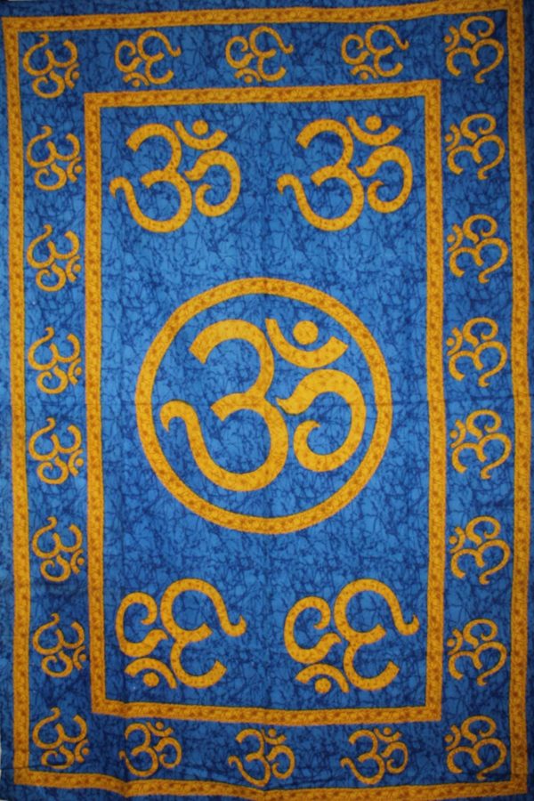 Blue Om Shanti in Batik Style Tapestry