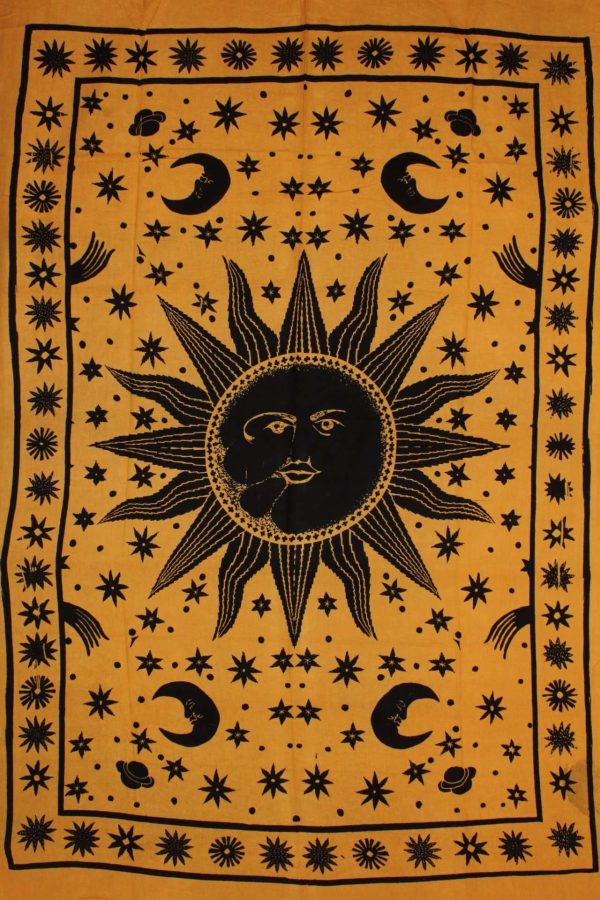 Saffron Sun, Moon, and Stars Handloom Style Tapestry