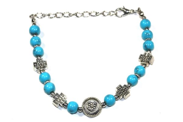 Turquoise Antique Style Cross & Flower Charm Bracelet