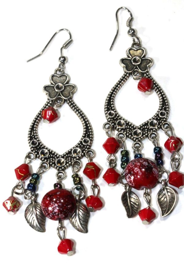 Cherry Red Three Petal & Shamrock Marbled Beads Dangler Earrings