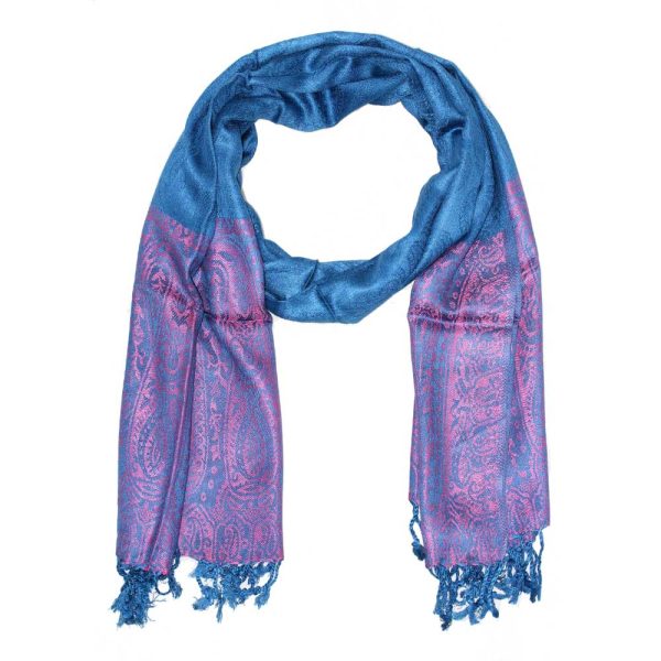 Blue Paisley Pattern Print Tassel Scarf with Pink Border