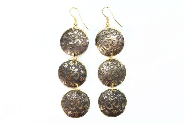 Gold Tone Three Tier Om Earrings with Lotus Petals
