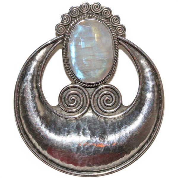 Hand Hammered Unique Silver Pendant with Large Moonstone