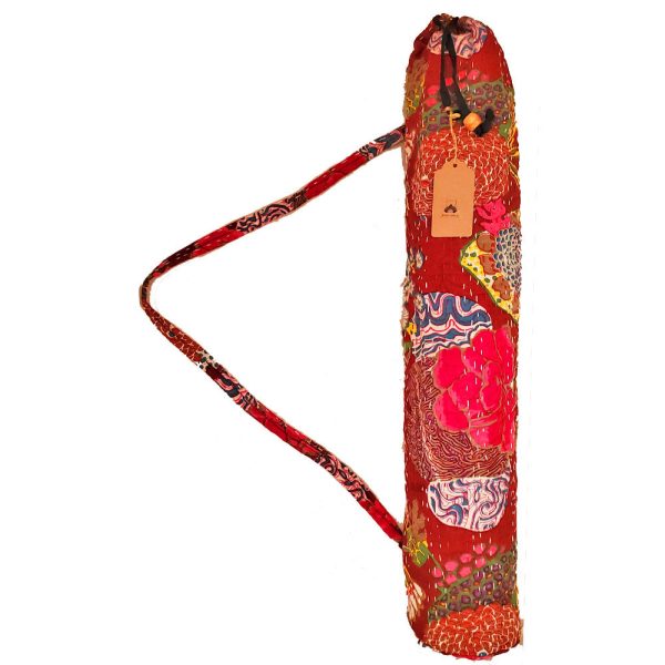 Red Bohemian Kantha Quilt Cotton Fabric Yoga Mat Bag Carrier | Wild Lotus®