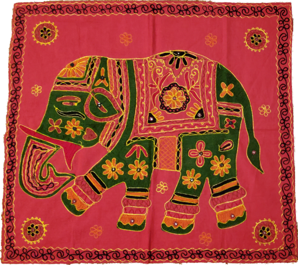 Unique Aari Work Design Embroidered Red Cotton Fabric Square Elephant Banner -  32" x 29.50"